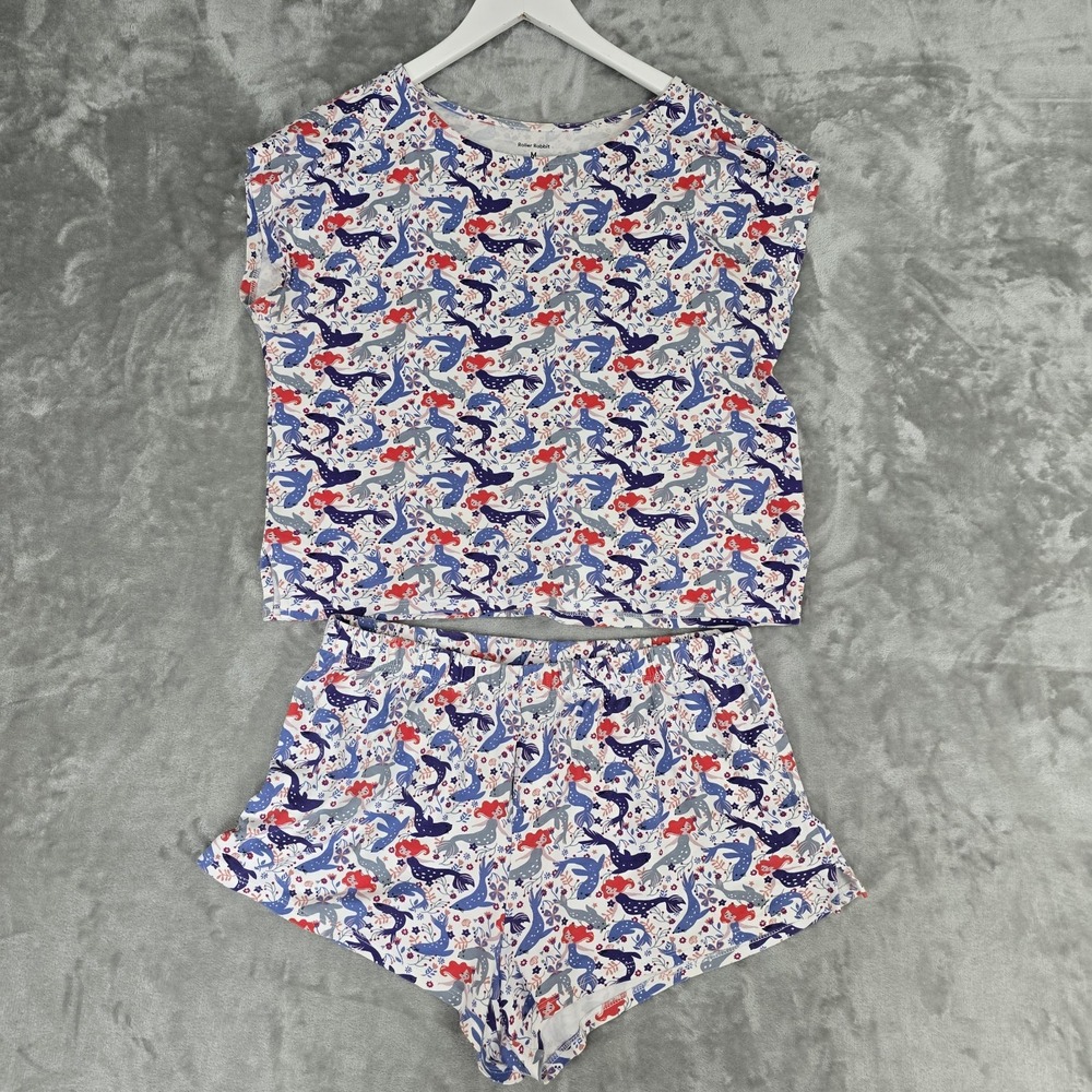 Roller Rabbit Womens Mermaid Sea Lion Pajamas Shirt and Short Set Medium White